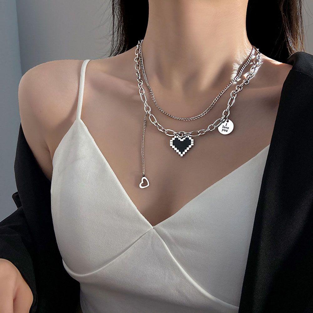 HS Vòng cổ Hai Lớp Bằng Thép Titan Mặt Trái Tim Phong Cách Hip Hop Thời Trang Cho Nữ