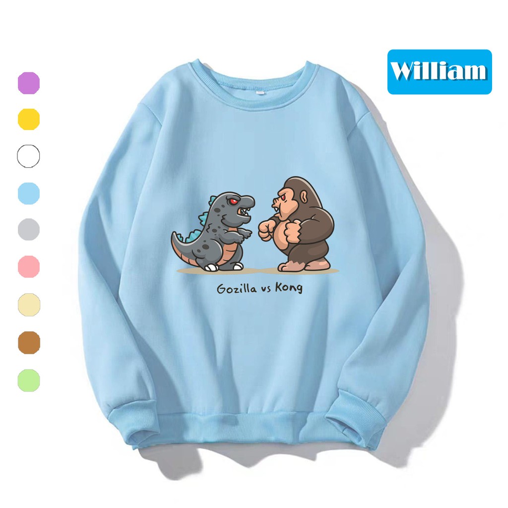 Áo sweater nam nữ in hình Gozilla và Kong dễ thương, chất nỉ dày dặn, hợp làm áo cặp William - DS153