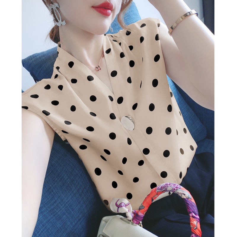 Thời Trang Áo Chiffon Sát Nách Dáng Rộng Họa Tiết Chấm Bi Cho Nữ