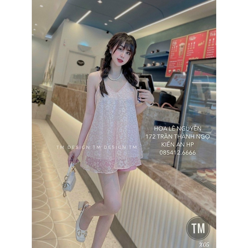 [Set đầm mới] Set 2 món đi chơi siêu xinh với đầm 2 dây sexy ngắn tà chất ren phối kèm quần đùi cá tính chất ford