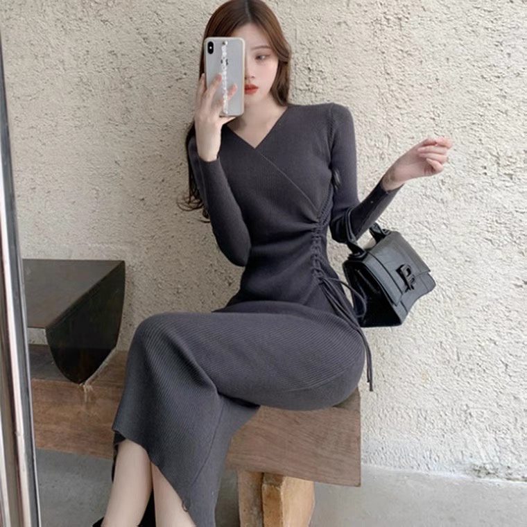 Đầm len chéo vạt rút eo dáng dài cổ v công sở sexy phong cách Hàn Quốc
