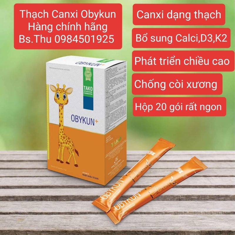 Thạch Canxi Obykun OBYKUN+ hộp 20 gói bổ sung Calci, D3, K2 giúp trẻ ngủ ngon, chiều cao tăng tối đa