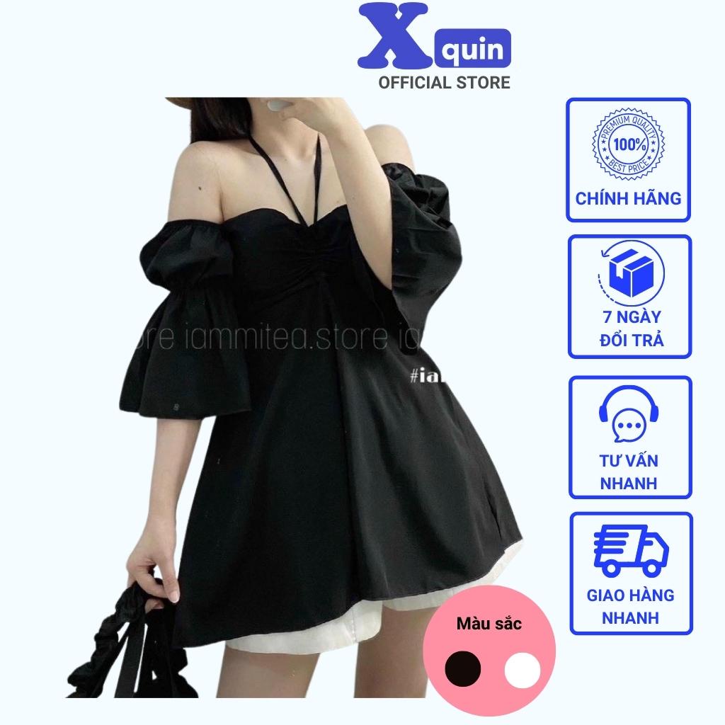 Áo trễ vai cổ yếm cột nơ Xquin, Áo bet vai tay phồng dáng xòe tiểu thư chất voan mềm mịn