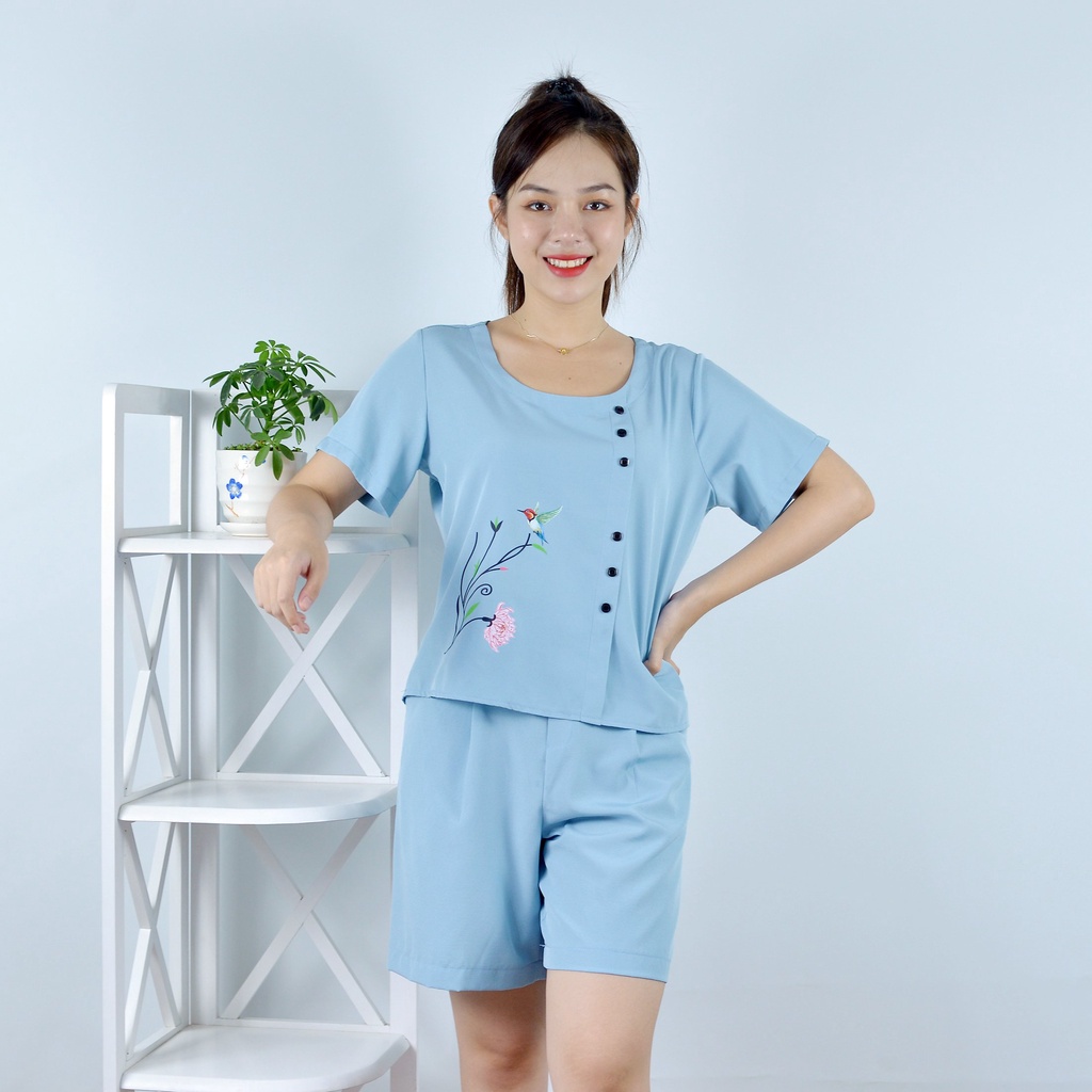 Bộ đồ nữ MÀU XÁM XANH IN HOA THÚ ĐIỂM NHẤN HÀNG NÚT   - vải lụa cao cấp - Cực Kì Sang Chảnh - Qúy phái