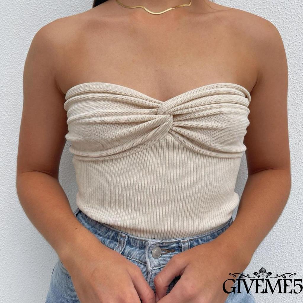 GIVEME-Women Knitted Tube Tops Solid Color Strapless Sleeveless Backless Front Cross Knot Clothes