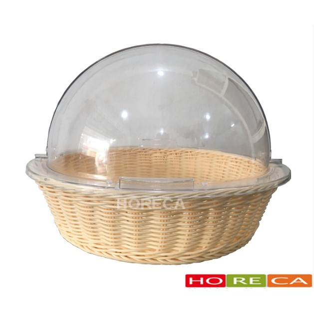 khay kệ trưng bày trái cây tròn, 1 tầng có nắp chụp meka, giả mây