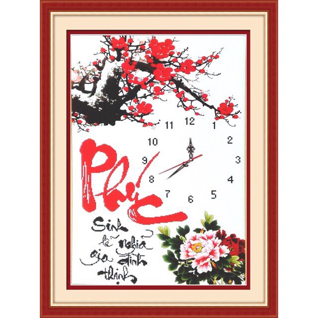 ĐH thêu chữ thập Phúc - Đào đỏ mẫu đơn  chưa thêu