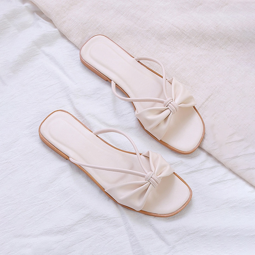 Dép bệt nữ mũi vuông thời trang quai ngang thắt nơ êm chân DILY cao 1cm_ AA0320