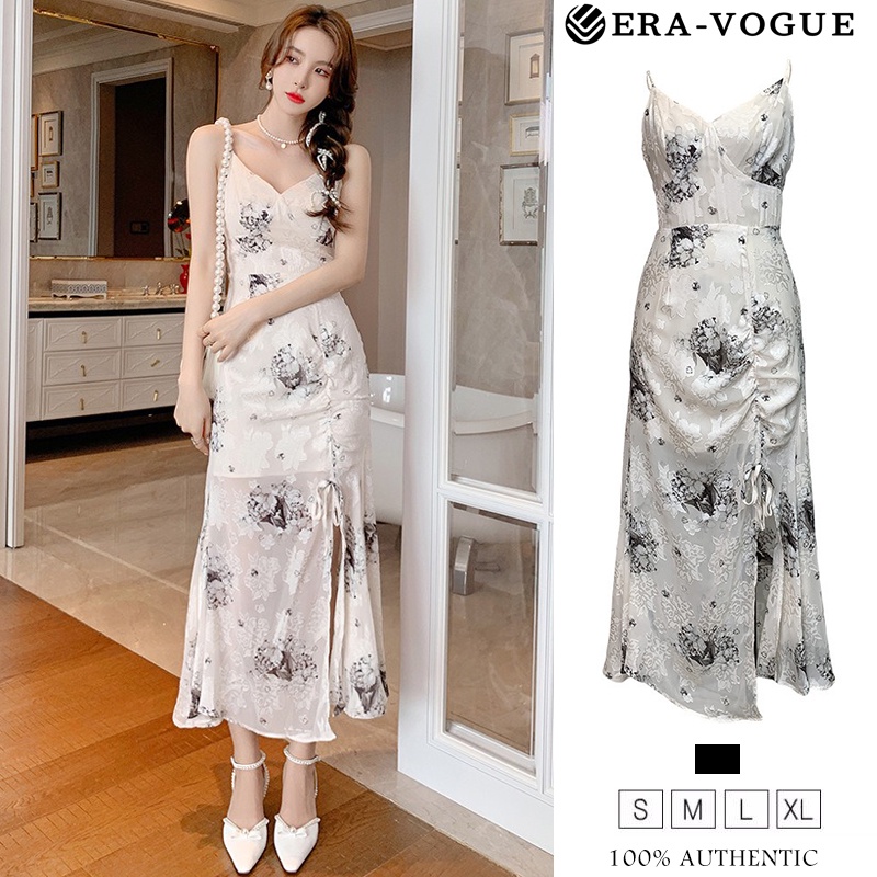 Eravogue🌷 Đầm Dài Xẻ Tà Thắt Nơ Bên Hông In Họa Tiết Hoa Quyến Rũ Thời Trang Phong Cách Hàn Quốc Cho Nữ 4942