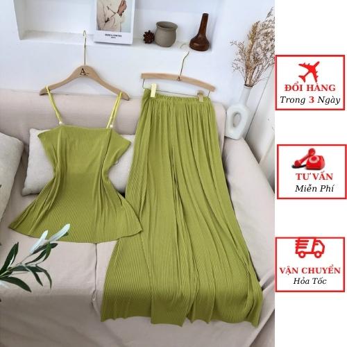 Set áo dập ly 2 dây nữ kèm quần suông ống rộng ulzzang Hàn Quốc đi biển