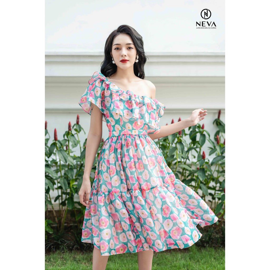 Đầm midi NEVA lệch vai in hoa poppy hồng W430296