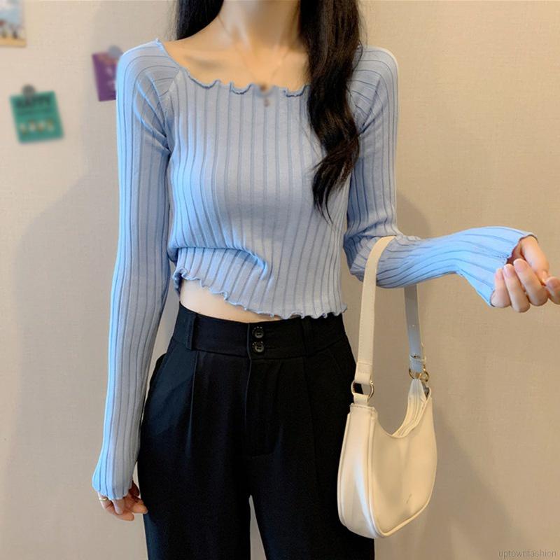 Áo dệt kim tay dài màu trơn dáng ôm thời trang mùa thu phong cách Hàn Quốc cho nữ