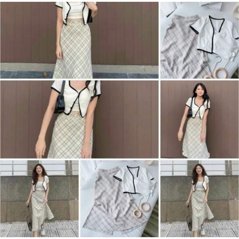 Set chân váy sọc caro be kèm áo ống có khoác ngoài nhẹ nhàng thanh lịch vintage