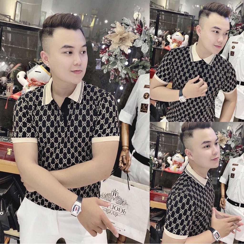 Áo thun nam ngắn tay có cổ polo đen logo viền cổ vàng