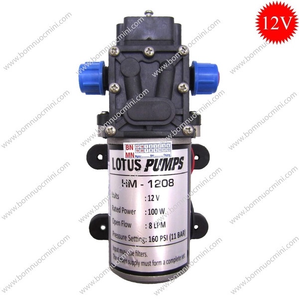 Máy Bơm Áp Lực 12V Đầu Hồi Nước HM-1208 100W  | Máy bơm HM1208 12V