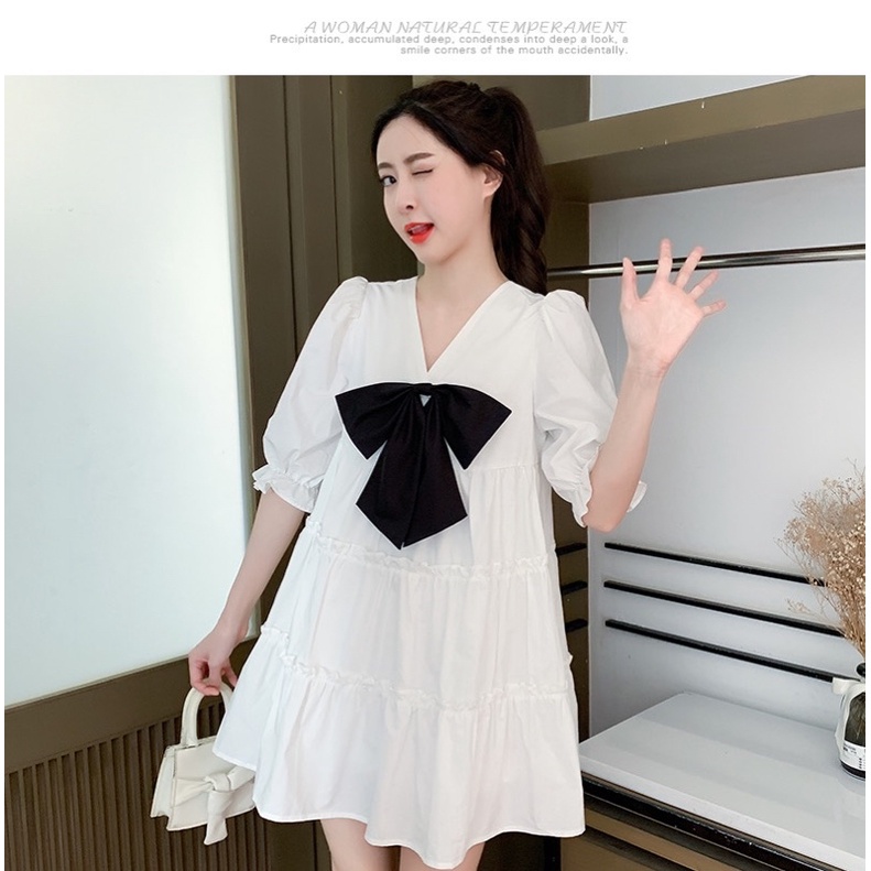 Đầm babydoll đính nơ ❤️váy xoè xếp tầng cổ v ❤ ulzzang chất thô mềm