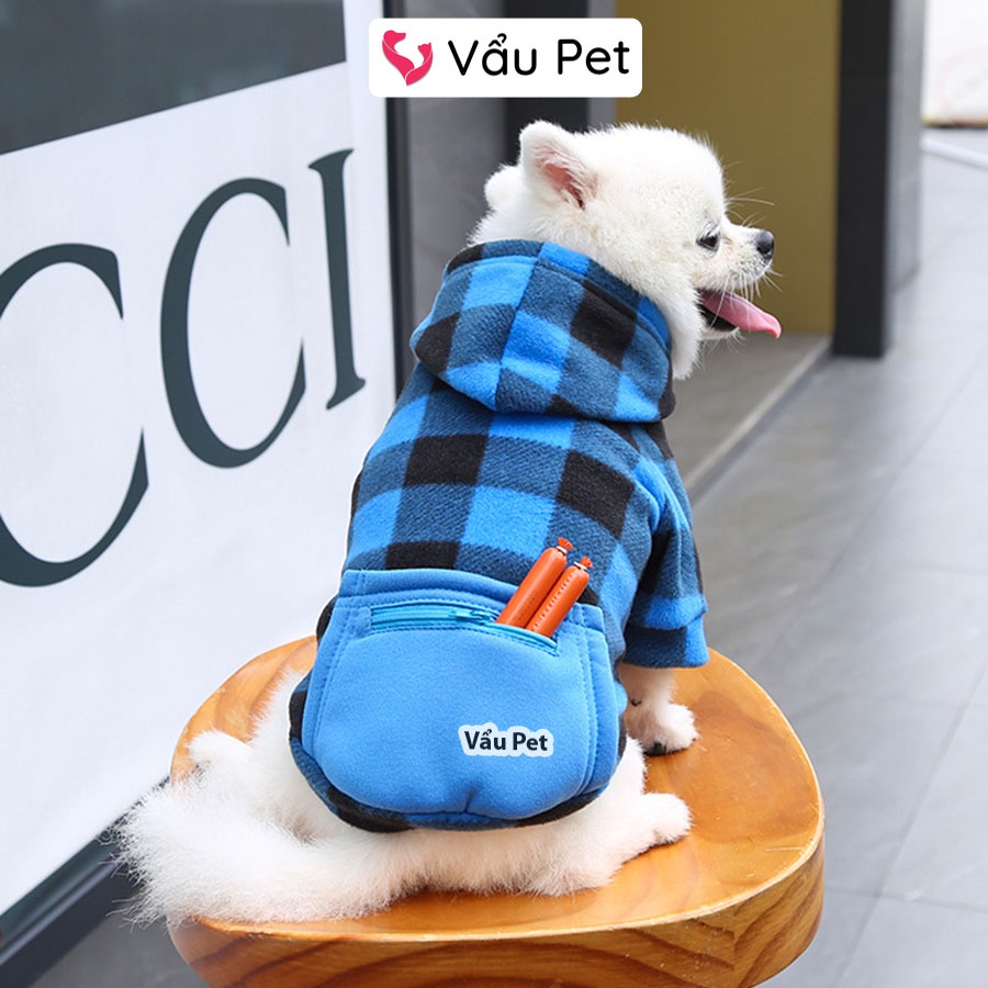 Áo cho chó mèo Hoodie kẻ có túi sành điệu - Quần áo cho chó poodle, con, lớn, mèo, thú cưng Vẩu Pet Shop