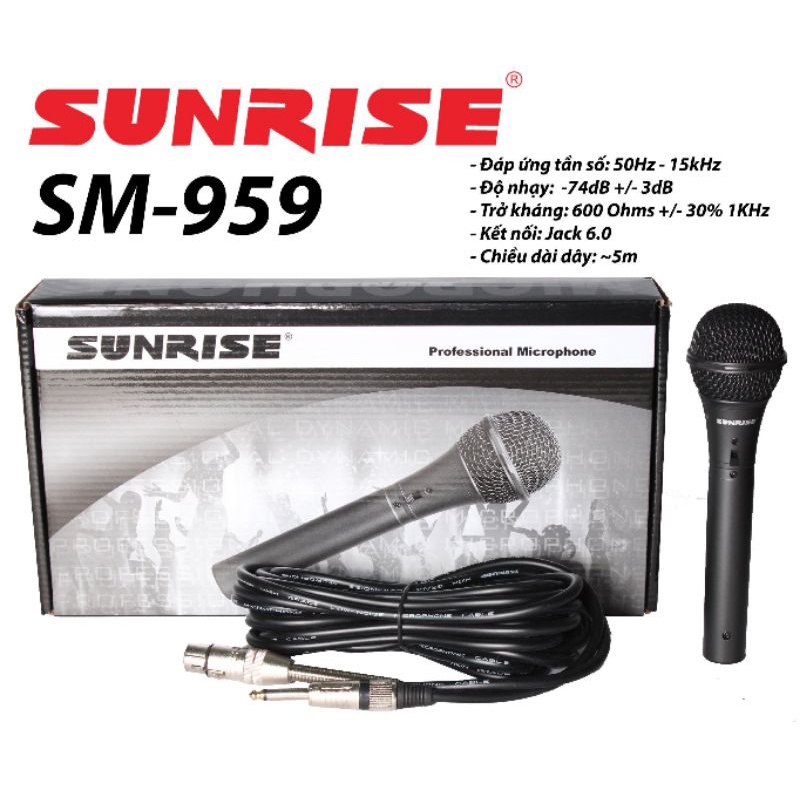 Micro karaoke có dây sunrise sm-959 hát nhẹ, thu âm hay mic kèm dây zin dài 8m chống gãy chất lượng nhôm bền