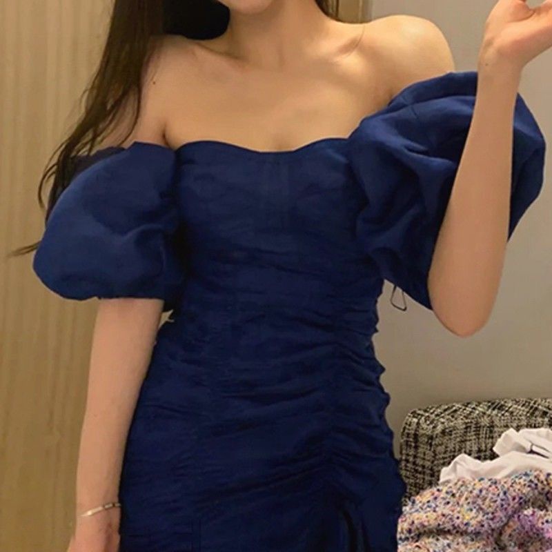 Đầm Chữ A Tay Phồng Xếp Ly Trễ Vai Phong Cách Pháp Quyến Rũ Dành Cho Nữ