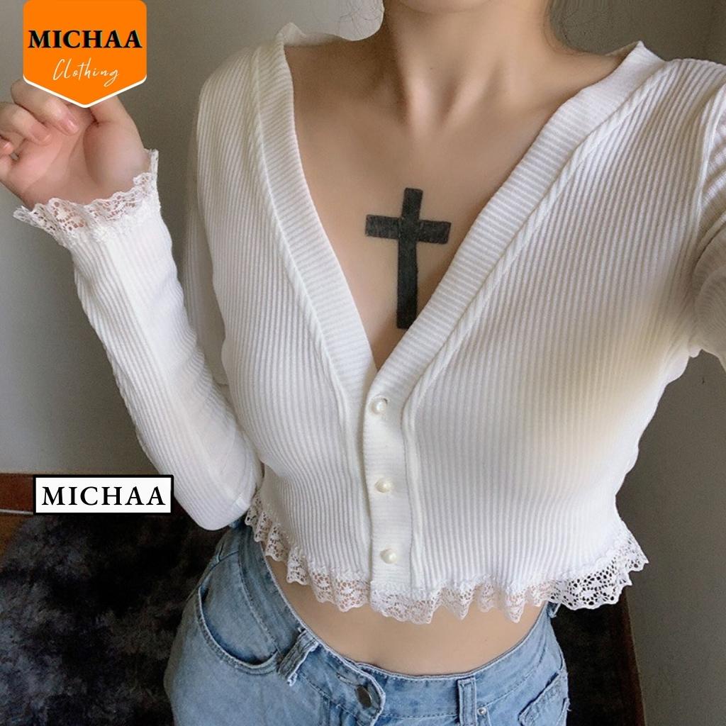 Áo Croptop CỔ TIM PHỐI REN Tay Dài Kiểu Nữ Ôm Body Sexy Ulzzang - MICHAA