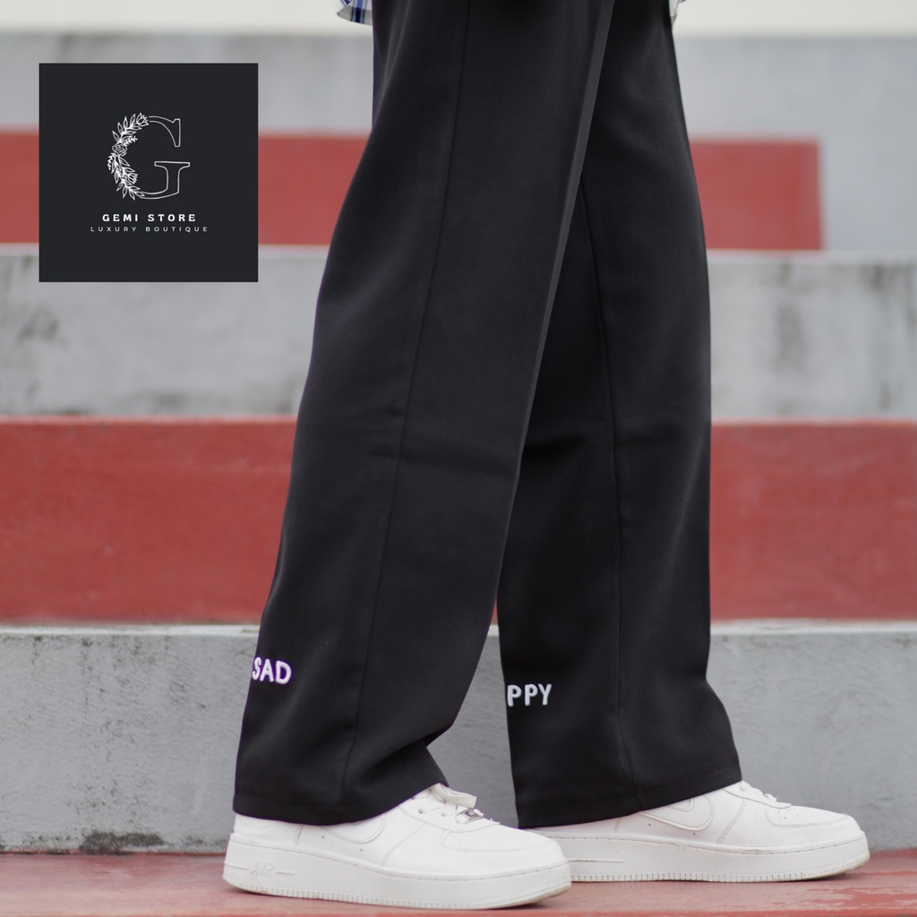 Quần Vải Suông Nam Nữ HAPPYORSAD Line Đen ( Line Pant MA99 Ống rộng )