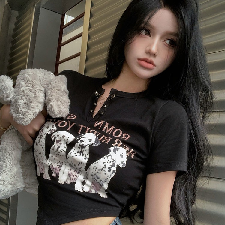 COZOK Áo Thun Tay Ngắn Cổ Chữ V In Họa Tiết Hoạt Hình Độc Đáo Phong Cách Hồng Kông Cá Tính