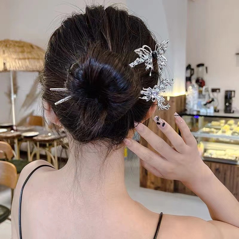 Haimeikang Kẹp tóc kim loại hình bướm đính đá zircon phong cách cổ điển