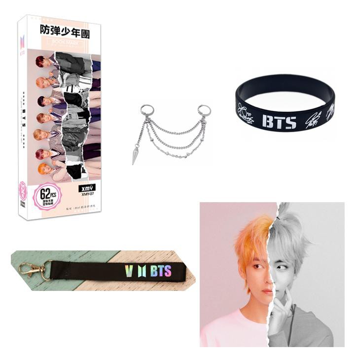 (M41) Combo 5 món đồ BTS gồm bookmark vòng tay cao su khuyên tai nametag khăn lau kính