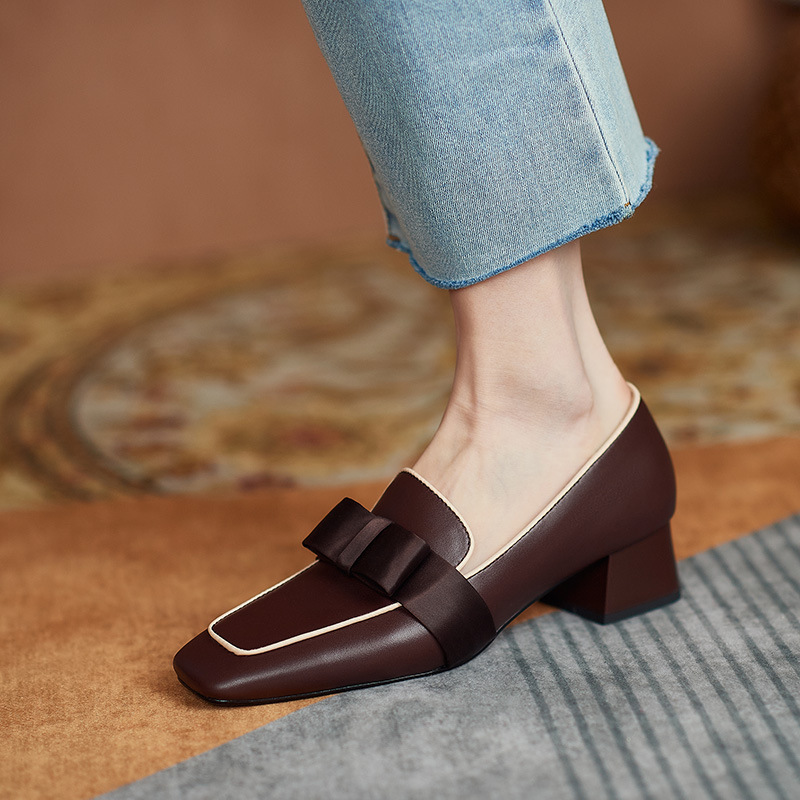 Giày cao gót da mũi vuông đính nơ nhỏ phong cách Anh Quốc retro thời trang mùa xuân mới dành cho nữ
