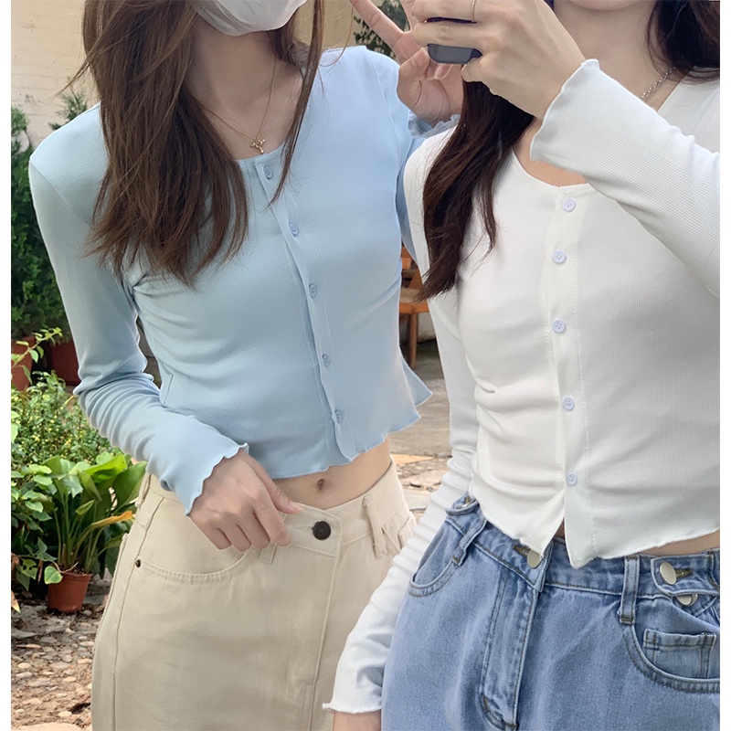 Áo croptop Peppermint mỏng tay dài cổ tròn ôm dáng phong cách thời trang mùa hè cho nữ 53062