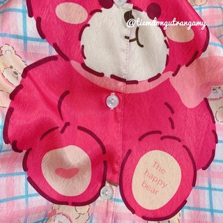 Set Pyjama Lụa Xước Ánh Kim Gấu Dâu Hồng