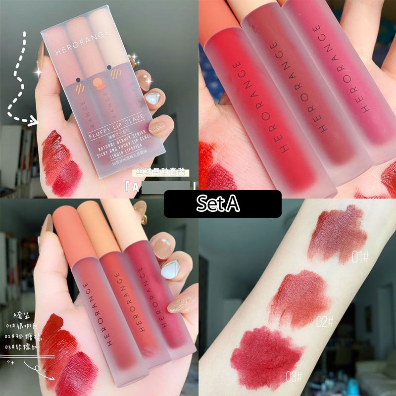 Set 3 Cây Son Kem Lì Herorange Fluffy Lip Glaze