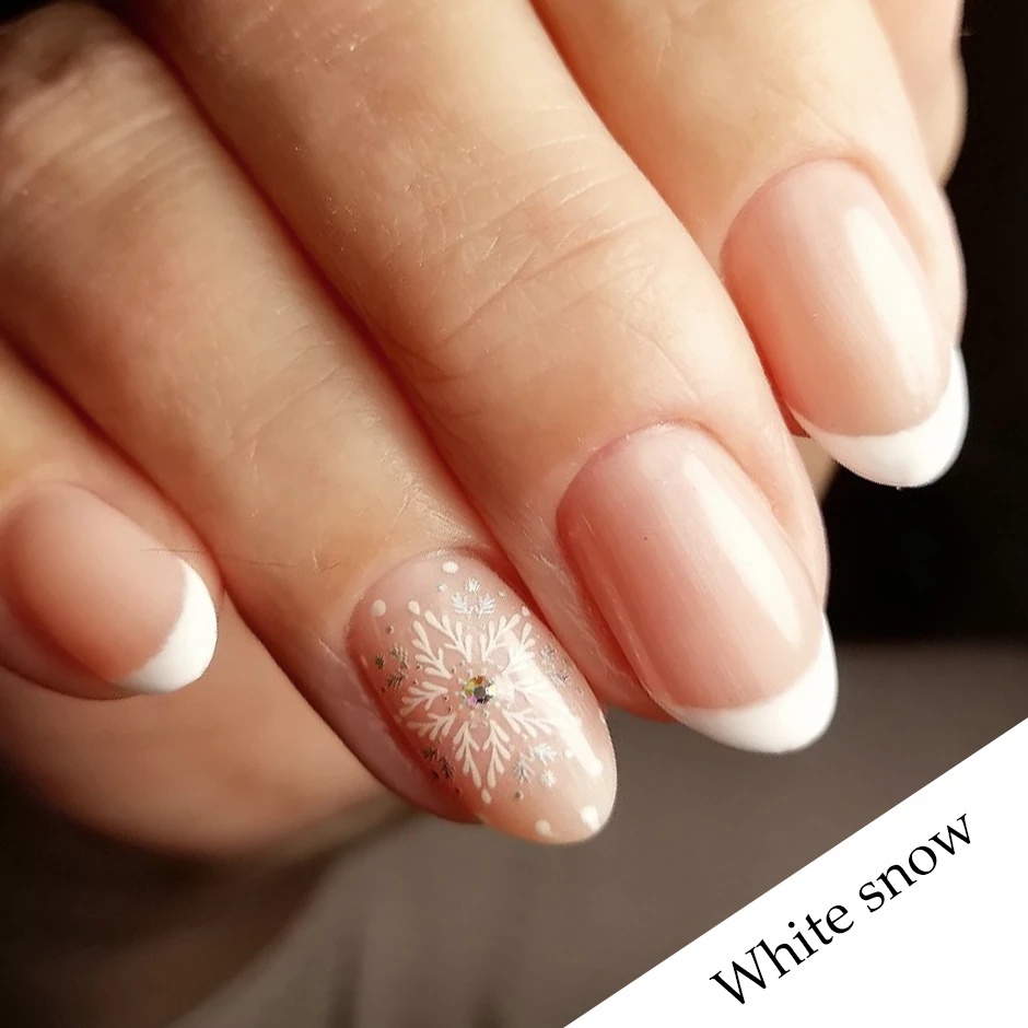 Miếng dán trang trí móng tay nghệ thuật tự dính họa tiết bông tuyết trắng phong cách Giáng sinh