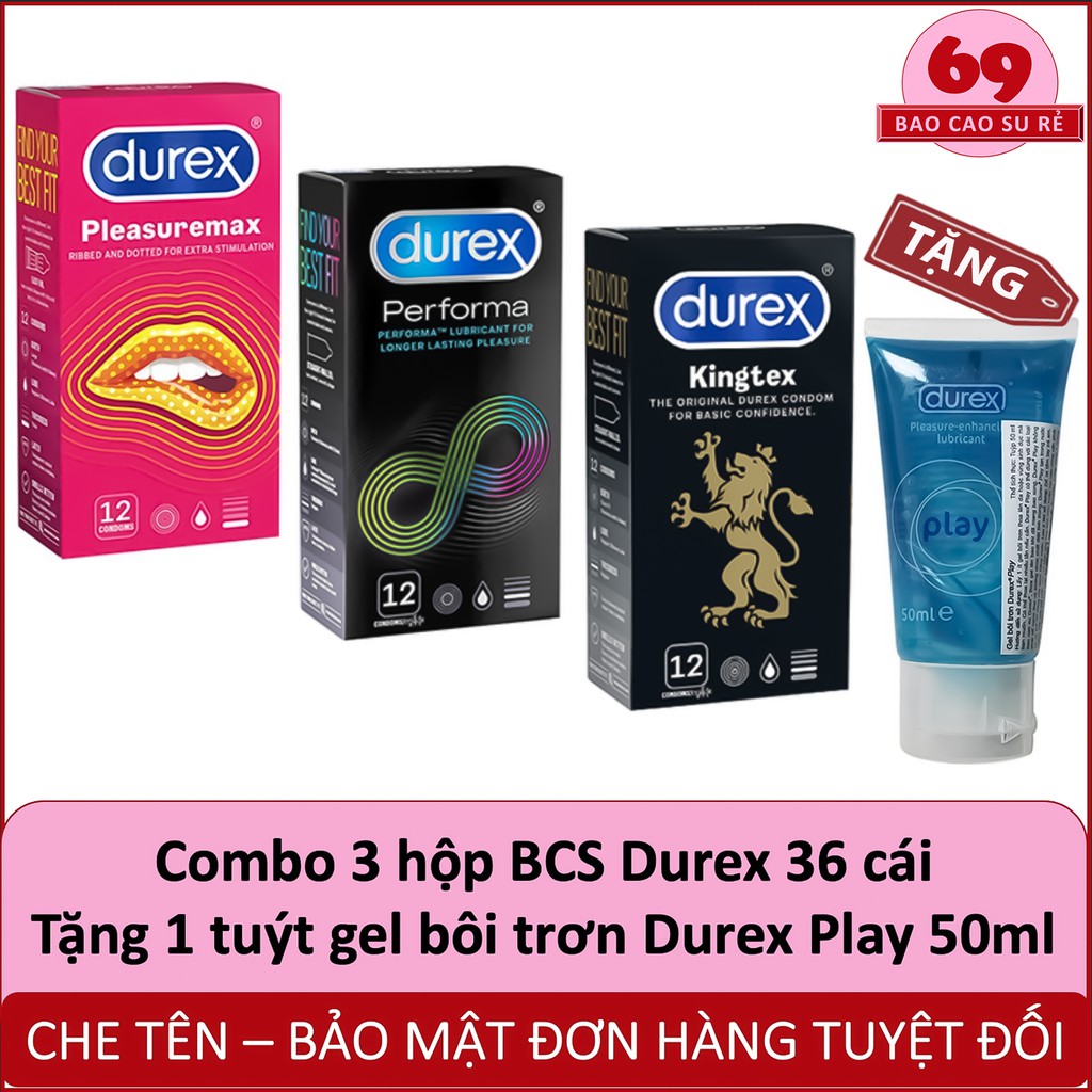 Combo 3 Hộp Bao Cao Su Durex 36 cái tùy chọn + Tặng kèm 1 tuýt gel bôi trơn Durex Play 50ml