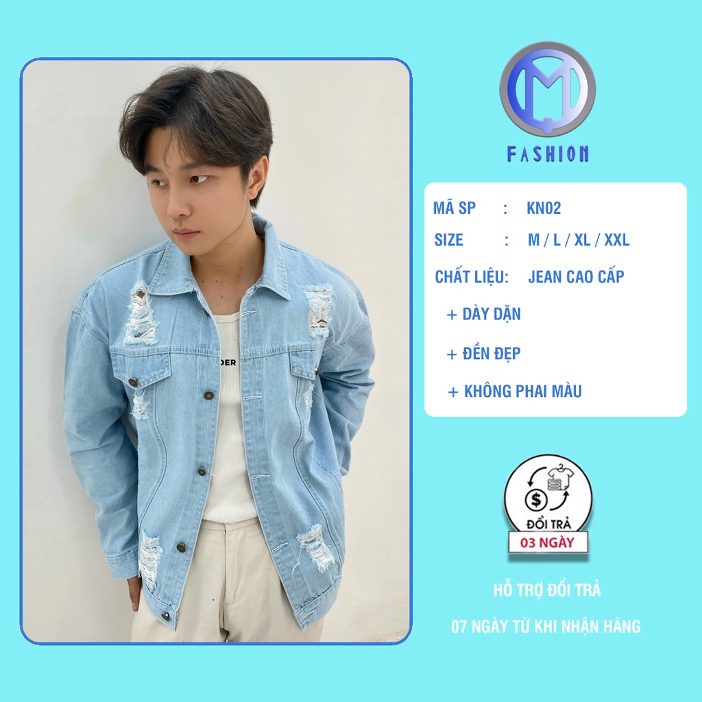 Áo khoác jean nam Hàn quốc form rộng cao cấp M Fashion phối rách xước cá tính KN02