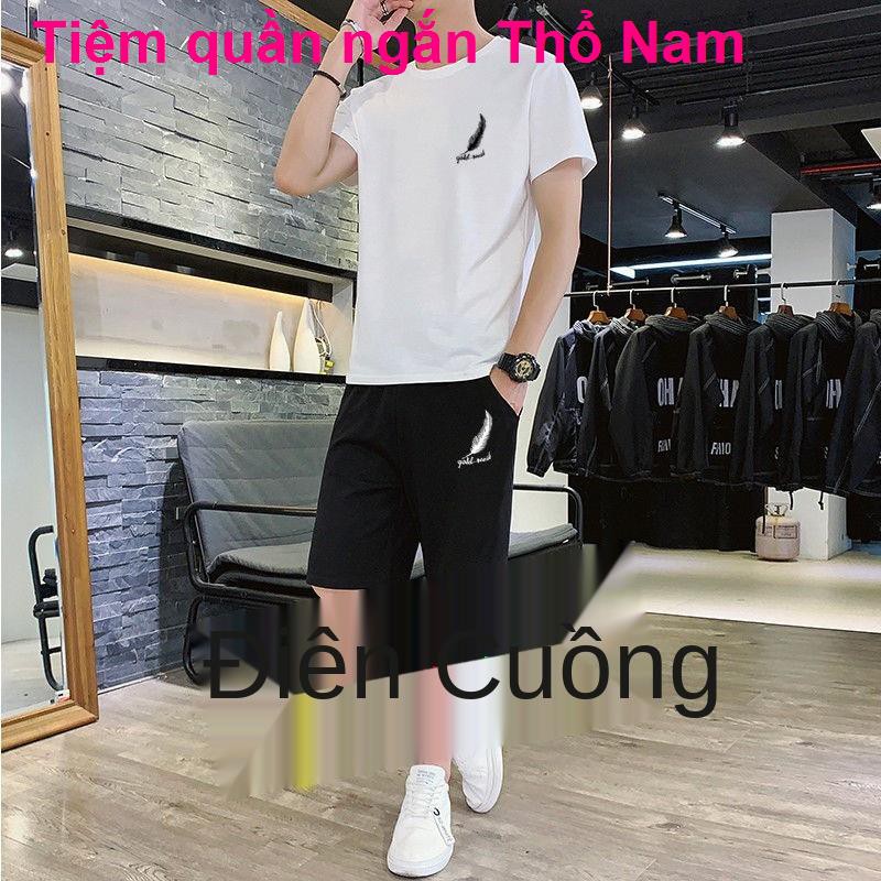 Bộ đồ thường phục nam mùa hè áo thun ngắn tay quần thể thao cặp đôi hai mảnh cotton