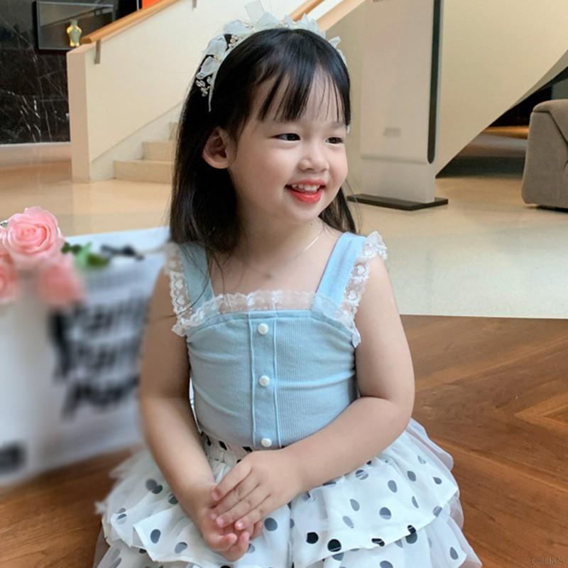 Áo hai dây chất liệu cotton phối ren thời trang mùa hè phong cách Hàn Quốc xinh xắn cho bé gái