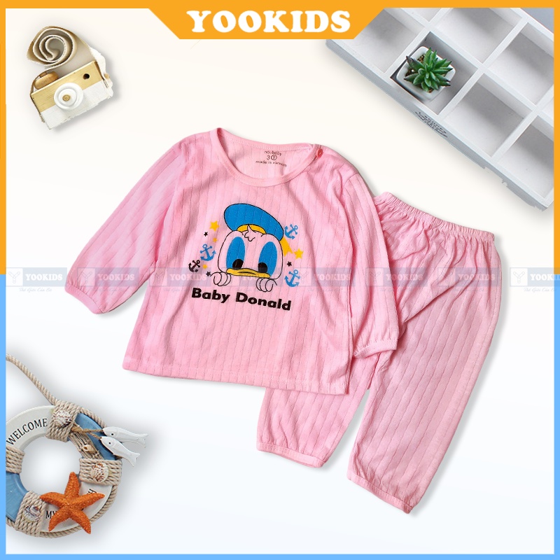 Bộ dài tay cho bé chất cotton sơi tre có cúc cài vai YOOKIDS, Bộ dài tay bé trai bé gái nằm điều hòa 1 2 3 4 5 tuổi