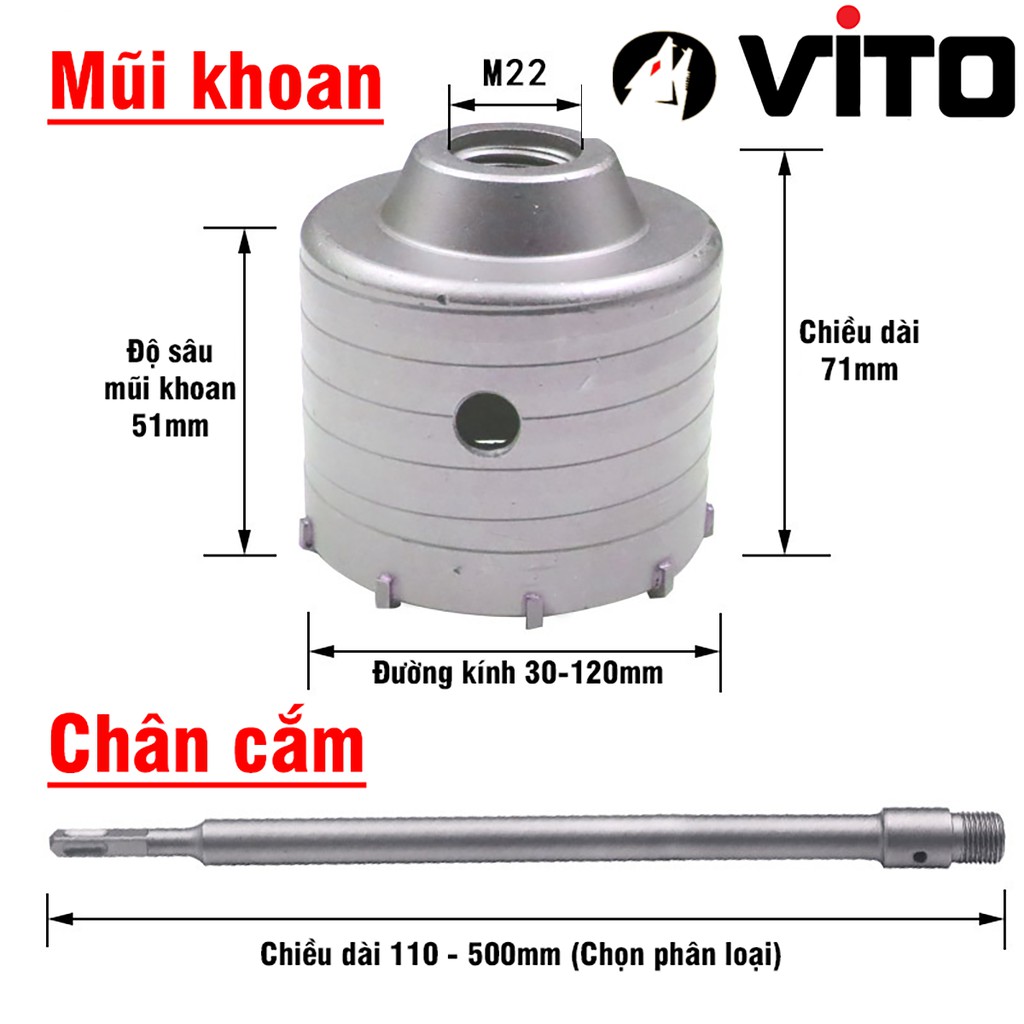 Mũi Khoan Rút Lõi, Khoan Khoét Bê Tông, Tường Chân SDS Plus Chắc Chắn VITO