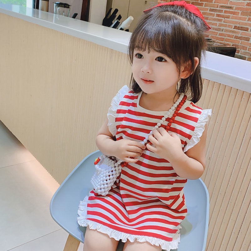 Đầm thun không tay kẻ sọc thiết kế mới thời trang mùa hè theo phong cách hàn quốc cho bé gái