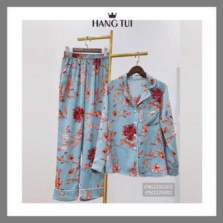 Bộ lụa Pijama họa tiết xanh - Bộ lụa áo dài tay quần dài cao cấp - Đồ bộ pijama - Bộ lụa ngủ