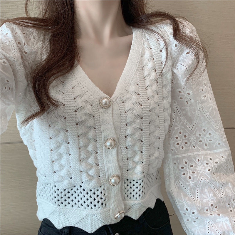 Áo dệt kim tay dài cổ v thiết kế dáng rộng phong cách Hàn Quốc mới