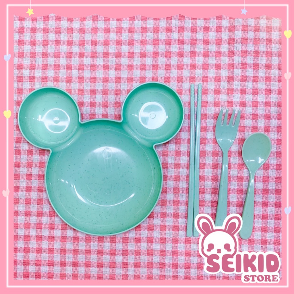 Bộ khay ăn dặm cho bé nhựa an toàn cho bé hình Mickey cho bé 3 khoang chứa thức ăn (kèm thìa,dĩa,đũa) Seikid Store