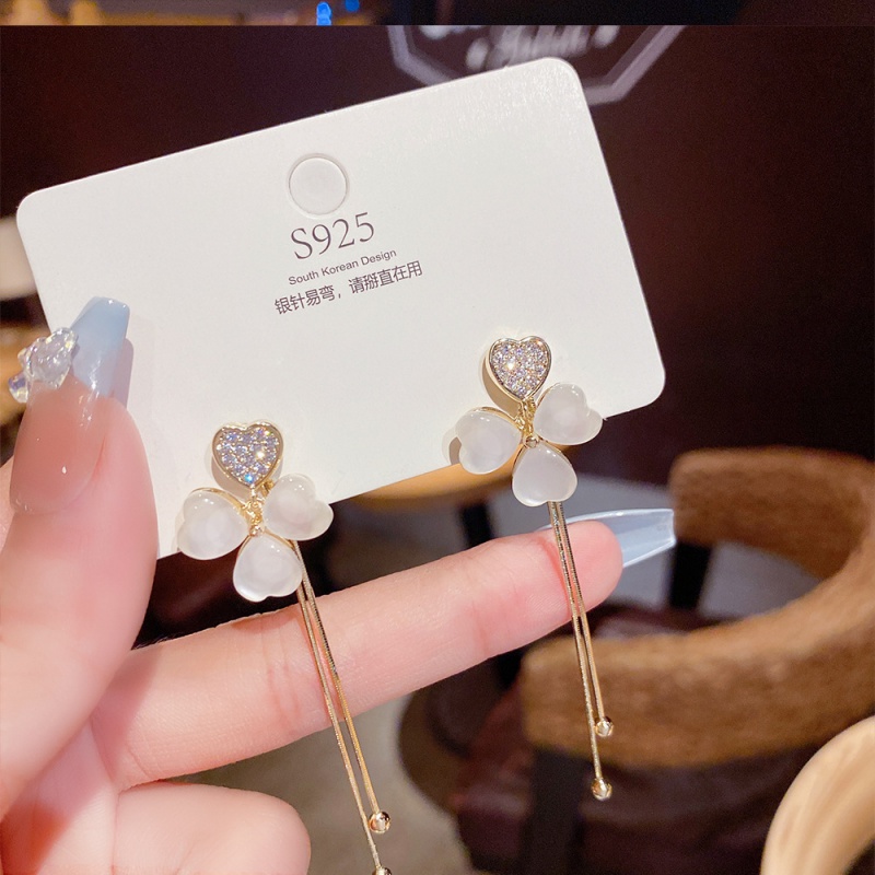 XiaoboACC Khuyên tai kiểu tua rua đinh đá opal hình bông hoa không dị ứng 2 kiểu đeo cho nữ