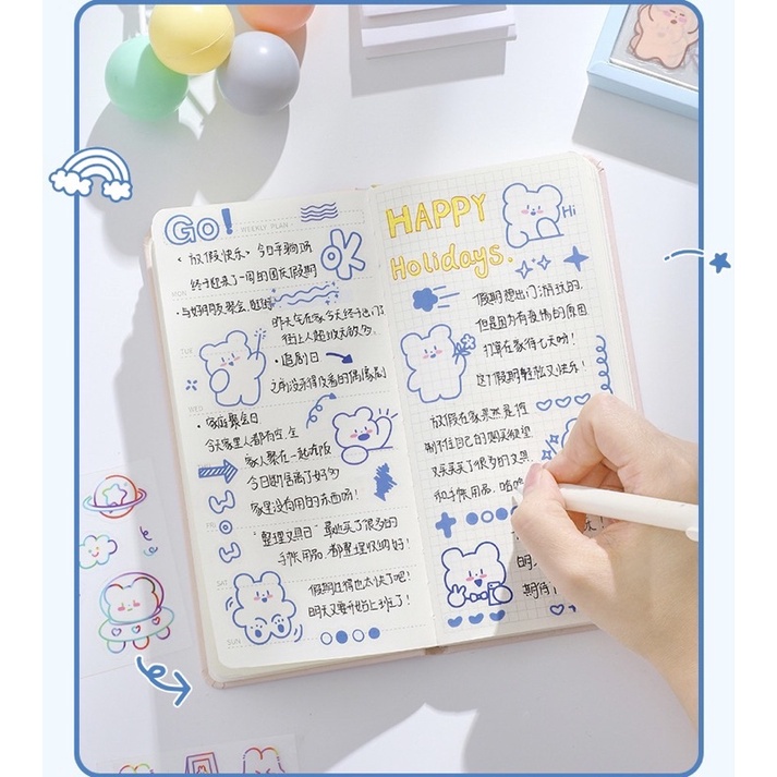 Sticker cute/Set sticker 10 tấm hình dán ngẫu nhiên GẤU THỎ GOOD TIME trang trí sổ planner bullet journal Tẻn Tẻn