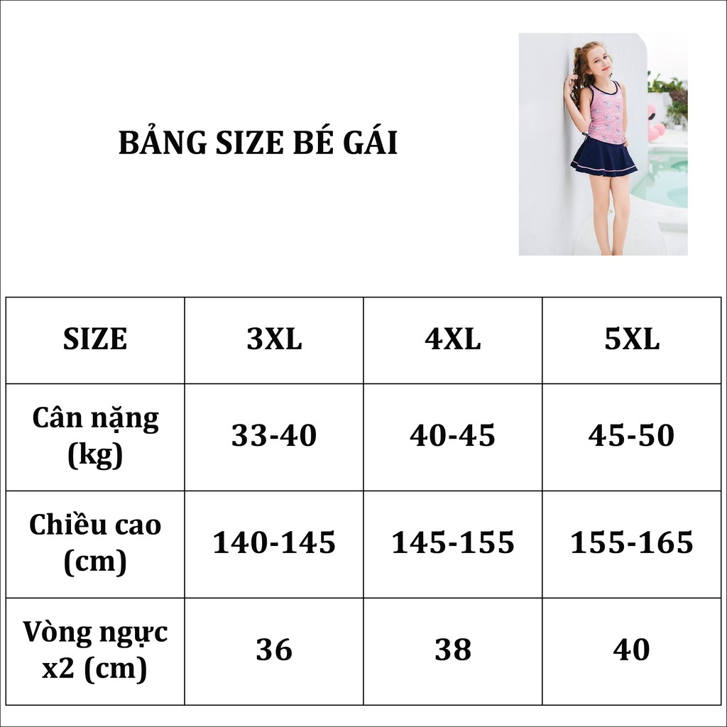 Đồ bơi cho bé gái size từ 30kg đến 50kg chân váy rời 9213