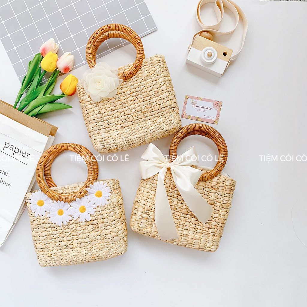 Túi lục bình mini dáng vuông, làn cầm tay đan kiểu mắt na xinh xắn - Tiệm Cói Cô Lê