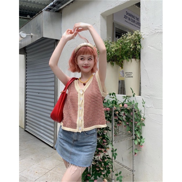 Áo len gile đóng cúc kẻ ngang viền phối màu Ulzzang Style🍓Hàng Quảng Châu