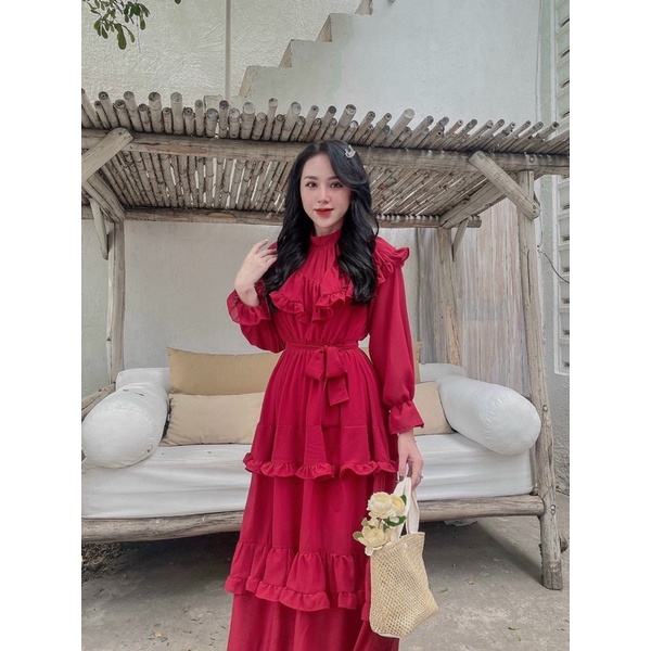 Maxi voan bèo tầng tay dài, đầm váy xoè tiểu thư sang trọng kín đáo, thời trang nữ đi chơi/biển du lịch trắng đỏ hồng