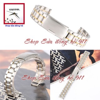 Dây đồng hồ kim loại khóa hộp kiểu Ôm, đầu bằng - Trắng Inox pha Vàng-Demi